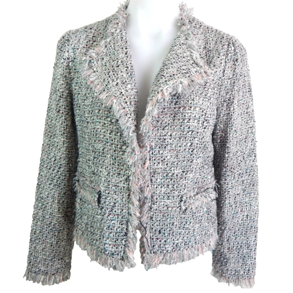 INTERMIX Tweed Fringe Jacket in Light Gray with Pink Accents